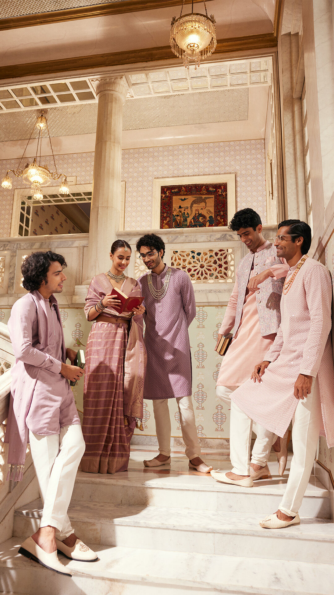 Men wearing white modern jutting with pink kurta pajama for wedding.